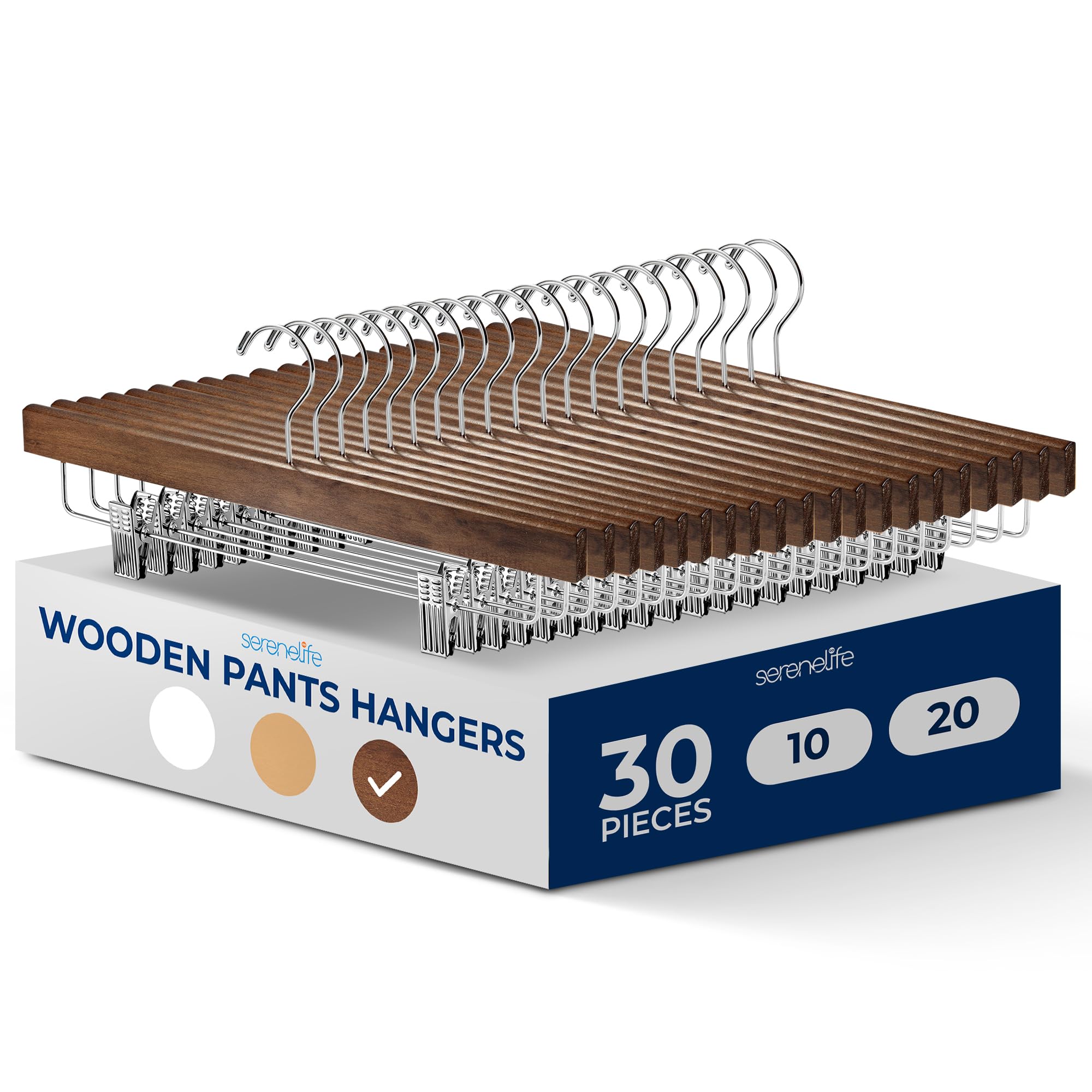 SereneLife Wooden Pants Hangers, 30-Pack Hangers with Adjustable Clips and Anti-Rust Swivel Hook, Space-Saving Pant Organizer for Closet, Ideal for Jeans, Slacks, Shorts, Trousers, Skirts (Retro) Image