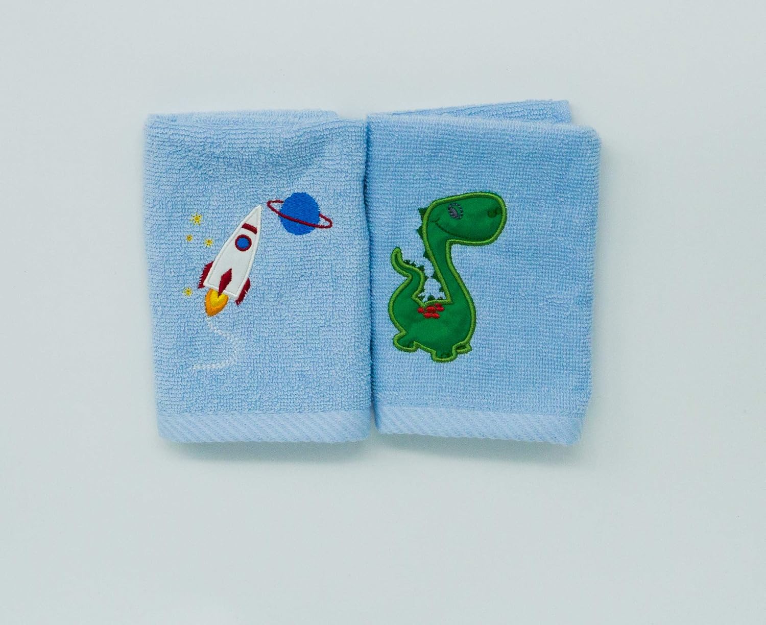 Lex's Linens Pack of 2 Kids Face Cloth (1 x Dinosaur & 1 x Rocket), Dinosaur & Rocket, 30 x 30 cm
