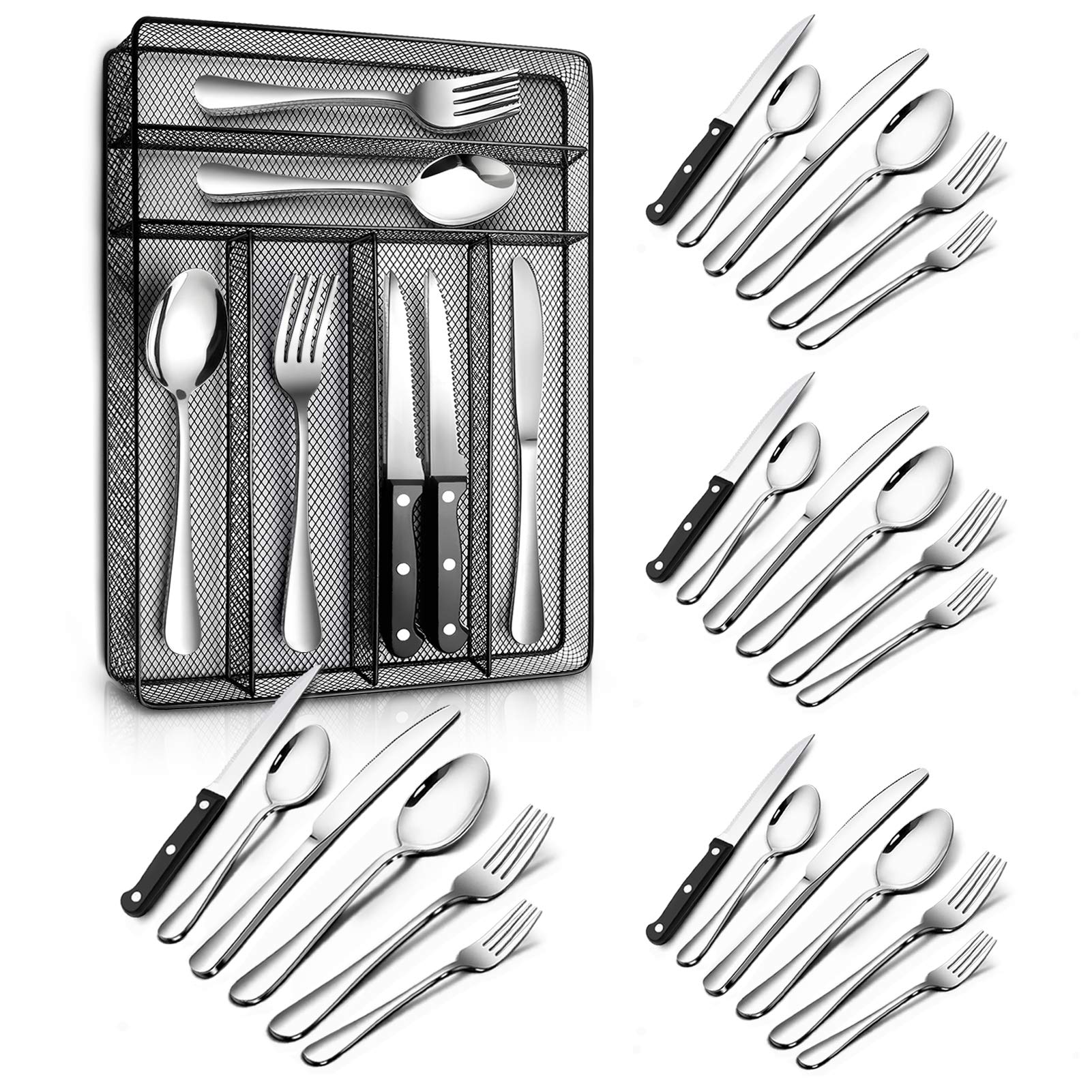 Photo 1 of Teivio 24 Piece Silverware Set, Flatware Utensils Set Mirror Polished, Dishwasher Safe Service for 4, Include Knife/Fork/Spoon/Steak Knife/Wire Mesh Steel Cutlery Holder Storage Trays (Black Tray)