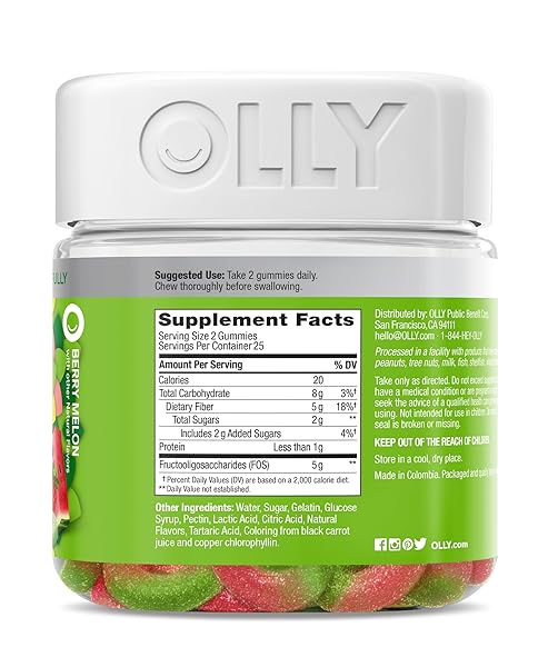 OLLY FIBER GUMMY RINGS, 5G PREBIOTIC FIBER, FOS (FRUCTO-OLIGOSACCHARIDES), DIGESTIVE SUPPORT, BERRY MELON 50CT