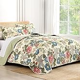 Luxudecor Floral Quilt Set Queen Size 3 Pieces Vintage Flower Bedspread with Pillow Shams Soft Microfiber Coverlet Bedding Set Reversible Bed Cover for All Seasons Green