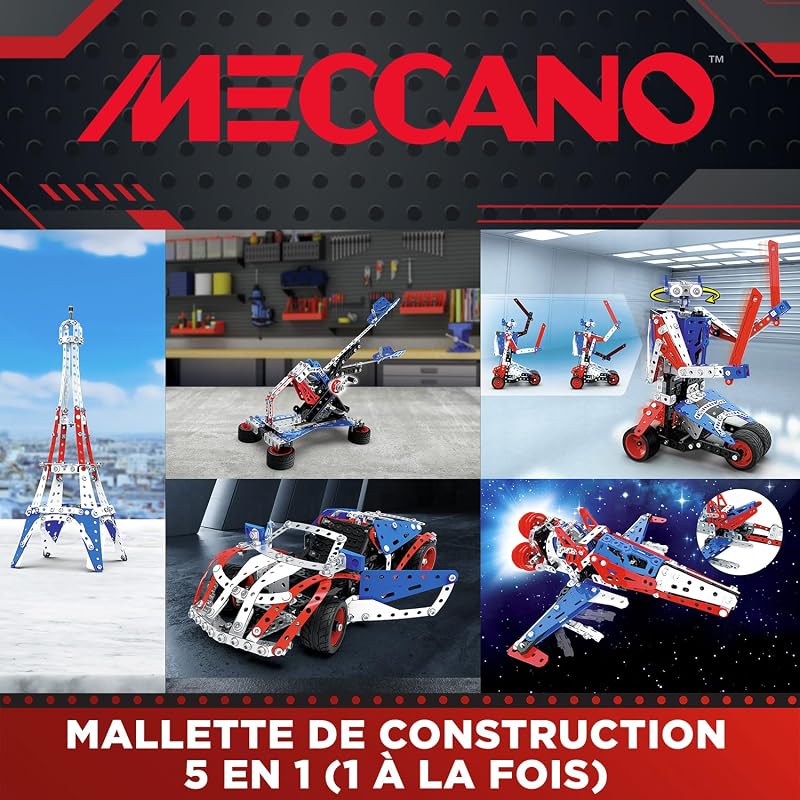 - Meccano Baukoffer - Konstruktionsset 5-in-1 Fahrzeuge, Roboter, Eiffelturm - 437 Teile, Werkzeuge, Anleitung - Aktivitäts-Kit - Spielzeug ab 10 Jahren - APM20106