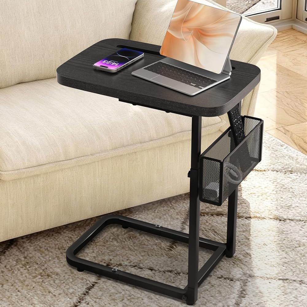 C Table End Table Adjustable Height,TV Tray Table with Storage Baskets,Strong Metal Frame,Tall C Shaped Side Table for TV Wat