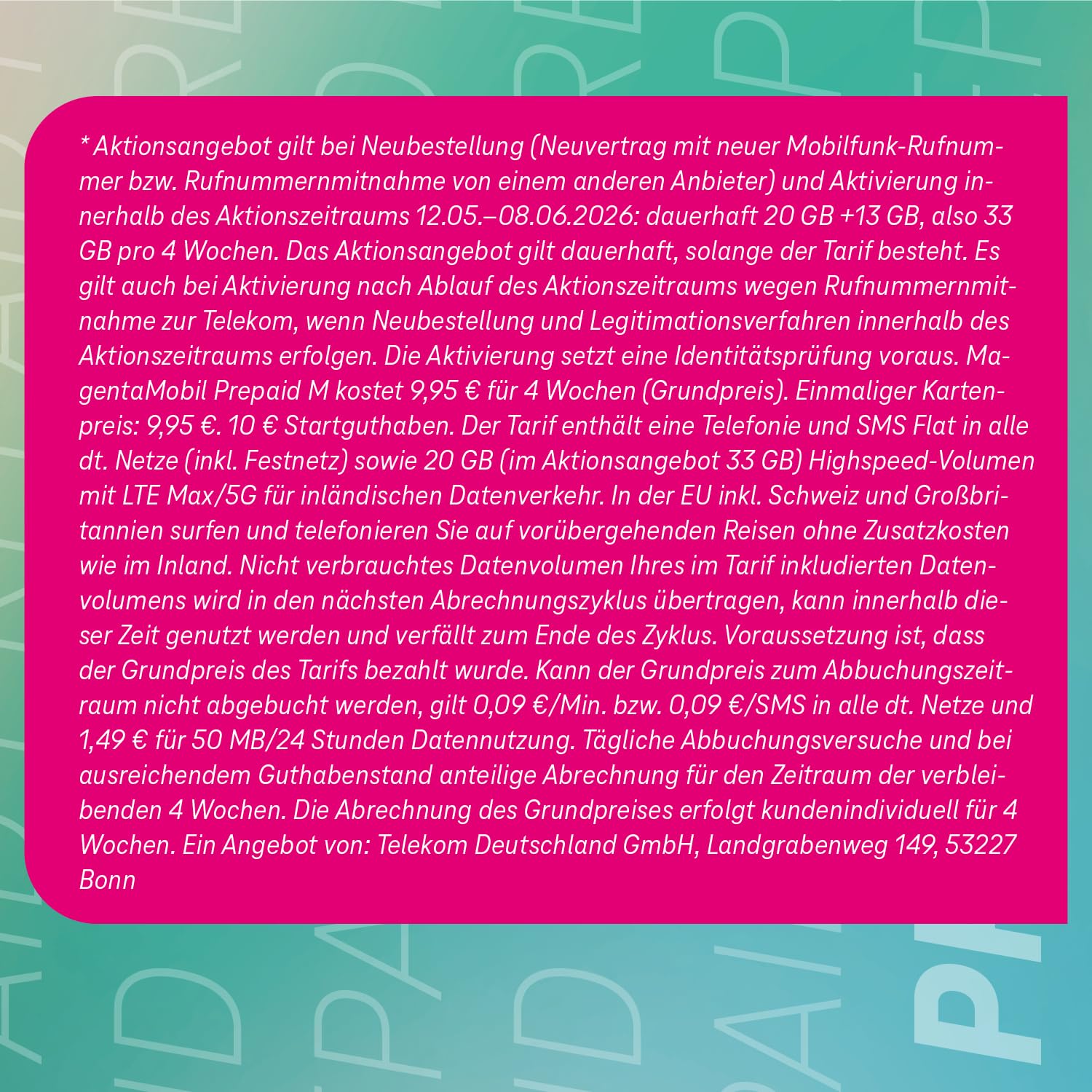 Telekom MagentaMobil Prepaid M mit 33 GB Highspeed-Volumen | 5G/LTE Max & Allnet Flat in alle dt. Netze | unverbrauchtes Datenvolumen weiter nutzen | EU Roaming & Hotspot Flat | 10 EUR Startguthaben 2