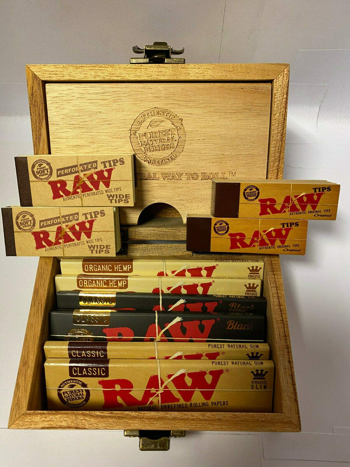 RAW Wooden Box Papers Set Wide Filter Tips Organic Classic 2 x Black KS, Brown, Medium