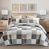 Y-PLWOMEN Plaid Quilts Queen Size - 100% Cotton Farmhouse Queen Quilt with 2 Pillow Shams, Breathable Lightweight Comforter Quilted Bedspread Bedding Set, Grey Brown, Queen(90 * 98 Inch)