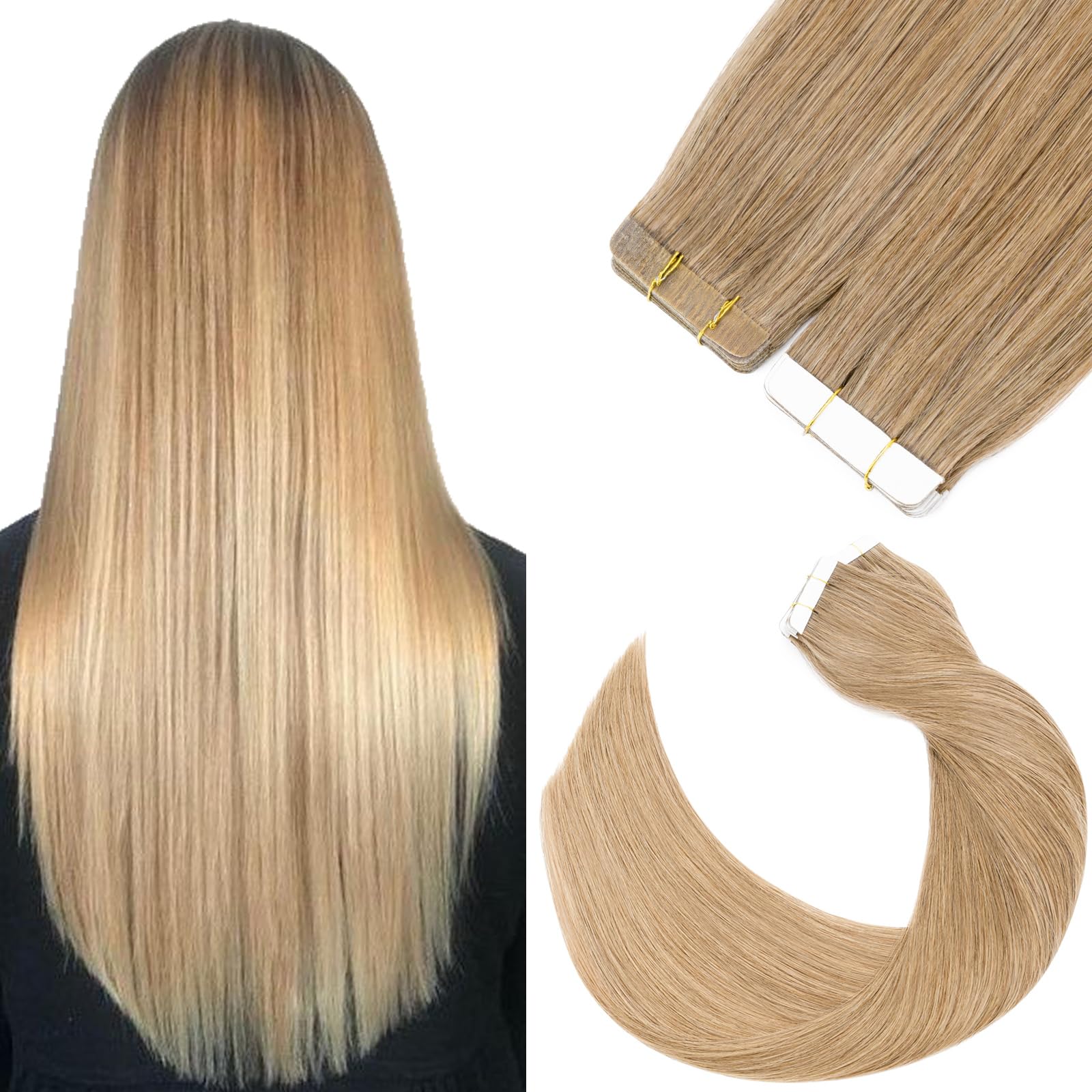 20 Pieces Invisible Tape in Hair Extensions 14in 100% Real Remy Human Hair Extension #27 Dark Blonde Skin Weft 40g Seamless Straight