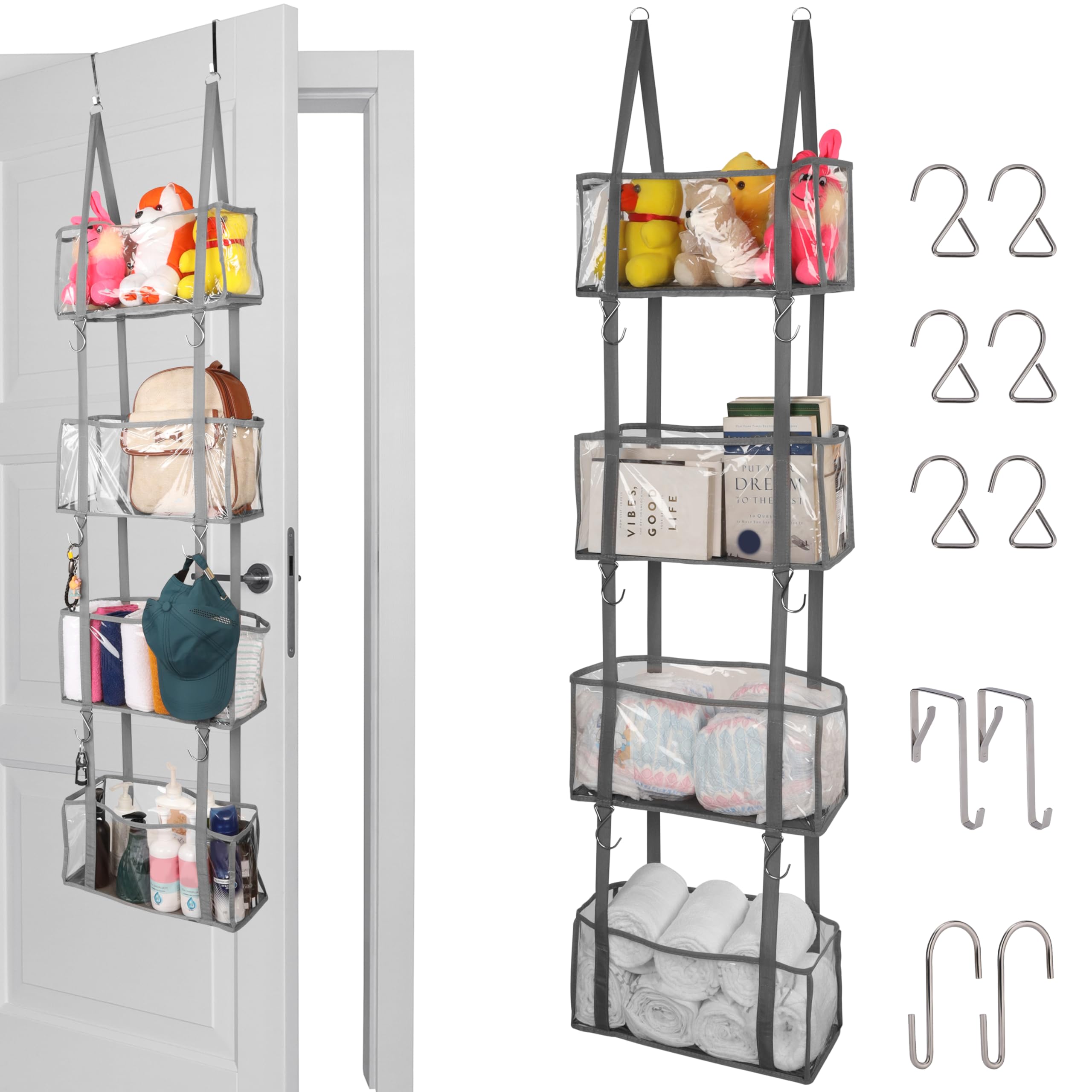 BELLE VOUS Over Door Storage Organiser with 4 Clear Window Pockets - Hanging Shelves for Nursery, Bedroom, Closet, Pantry or Bathroom - Store Toys, Cosmetics, Sundries, Diapers & More