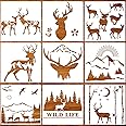 9 Piece Forest Deer Wolf Mountain Stencils Moon Bamboo Pattern Animal Flower Reusable Templates Forest Theme DIY Stencils with Metal Open Ring for Painting on Wood Wall Home Decors