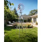 8FT Windmill for Yard Garden Decoration with Weather Vanes，Heavy Duty Outdoor Wind Mills, Large Metal Outdoor Windmill,Weather Resistant,Gray