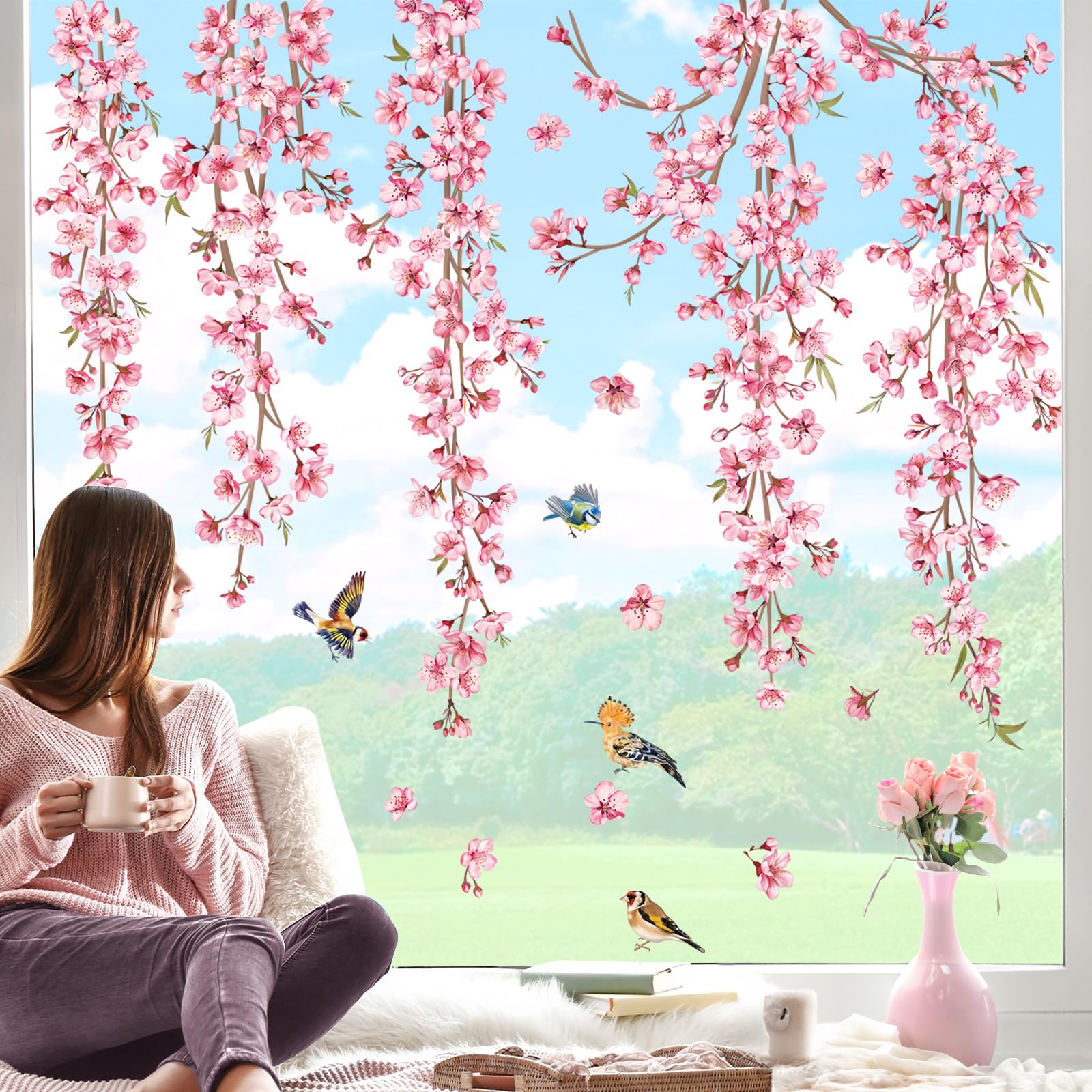 decalmile Spring Summer Cherry Blossom Flower Vine Double Sided Window Clings Pink Hanging Tree Branch Birds Window Decals Anti-Collision Glass Window Doors Window Stickers