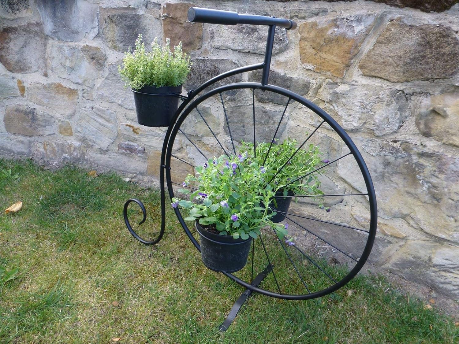 Black Metal Penny Farthing Bicycle Plant Stand Garden Planter Holds 3
