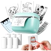 HiHTV Mini Sticker Printer - T02E Thermal Sticker Maker with 6 Rolls Paper | AI Smart Portable Bluetooth Inkless Printpods, for Kids DIY Journal, Diaries, Photos, Study Notes, Gift