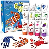 JUPITEARTH 28 PCS Finger Paint, Baby Safe Paints for Hand and Feet, Washable Paint for Kids, Non-Toxic 12 Vibrant Colors (1.22fl oz/36ml ) , Palette, Apron, Brush, Eye Stickers, Safe Preschool Art Supplies for Kids