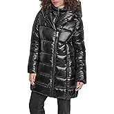 DKNY Women's Shine Puffer Coat With Bib and Asymmetrical Zipper Front – Winter Jacket