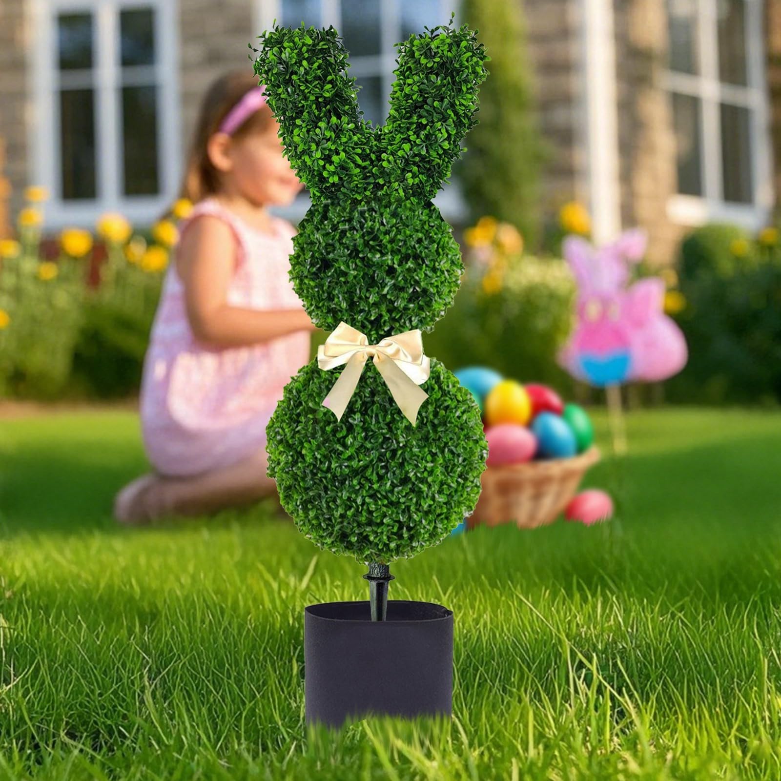 Green Rabbit-Shaped Potted Easter Bunny Insert, 19in Bunny-Shaped Artificial Topiary Tree for Indoor/Outdoor Easter Porch Decorations, 3D Design, Durable & Weather-Resistant (A-1PC-19in)