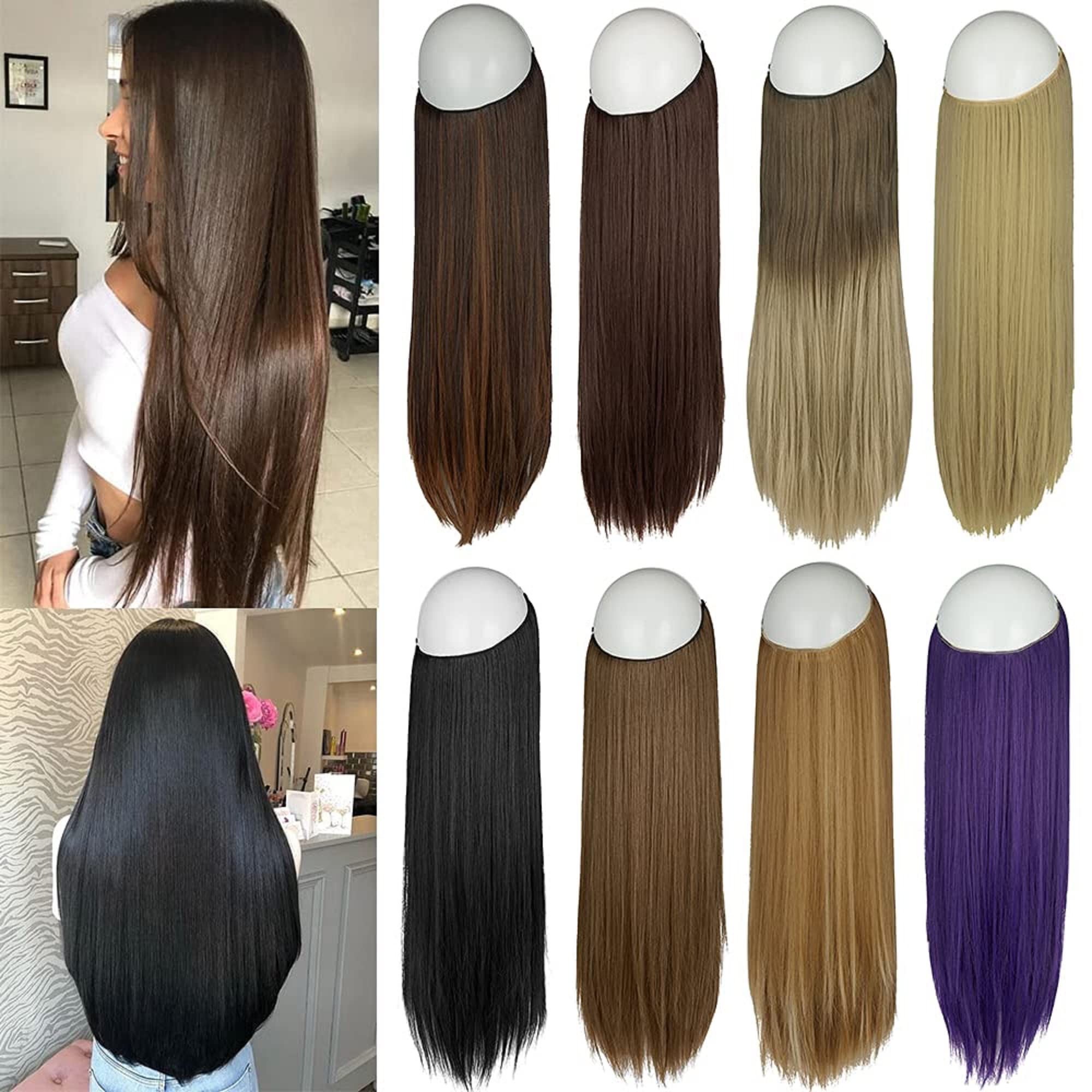 DODOING 22" Halo Hair Extensions Invisible Secret Wire Straight Synthetic Hairpieces No Clips Full Thick Hairpieces for Women (Light Ash Blonde & Bleach Blonde)