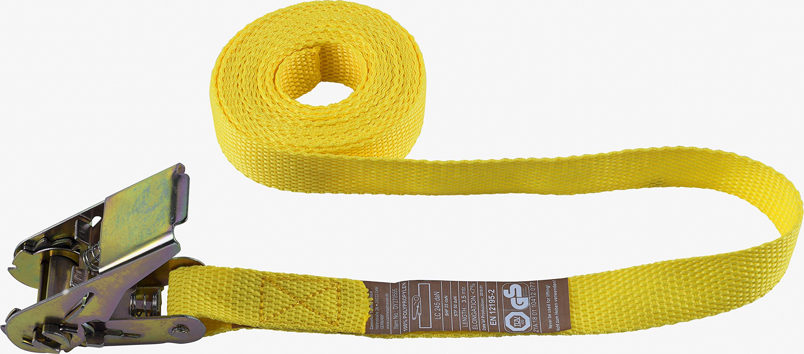 Connex DY270555 Lashing Strap Monoblock 3.5 m x 25 mm Maximum Load 245 kg with Tension Ratchet, Without Polypropylene Hook, Yellow — image 1