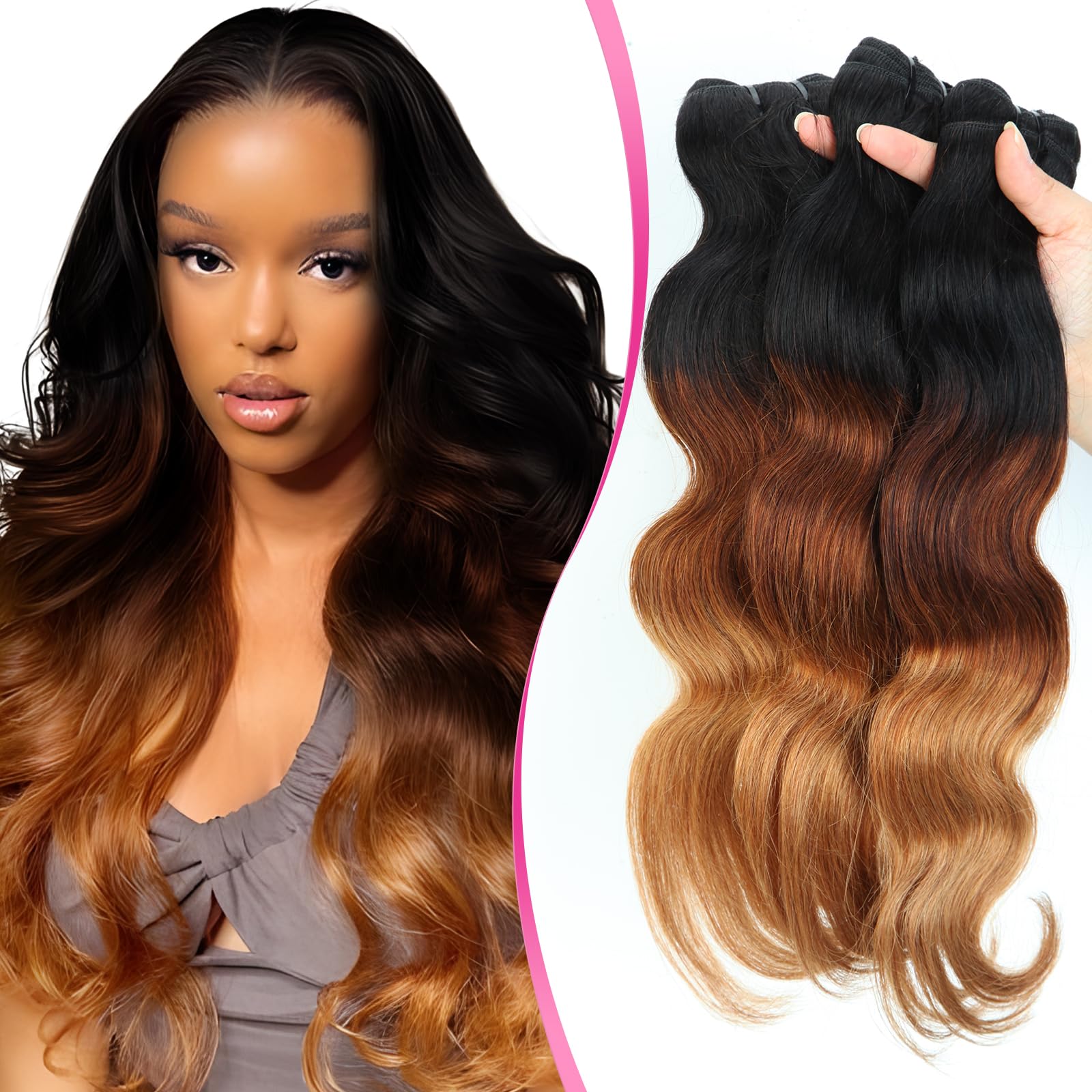 Elailite Human Hair Bundles Weaves Ombre Curly Weft Body Wave - 100% Real Remy Hair Extensions - #1B/33/27 Natural Black/Dark Auburn/Dark Blonde (24 Inch,1 Bundle 100g) — image 1