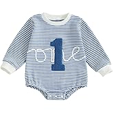 VISGOGO Baby Boy Girl 1st Birthday Outfit One Birthday Embroidery Waffle Romper Sleeveless Oversized Jumpsuit One Year Old