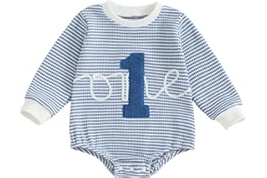 VISGOGO Baby Boy Girl 1st Birthday Outfit One Birthday Embroidery Waffle Romper Sleeveless Oversized Jumpsuit One Year Old