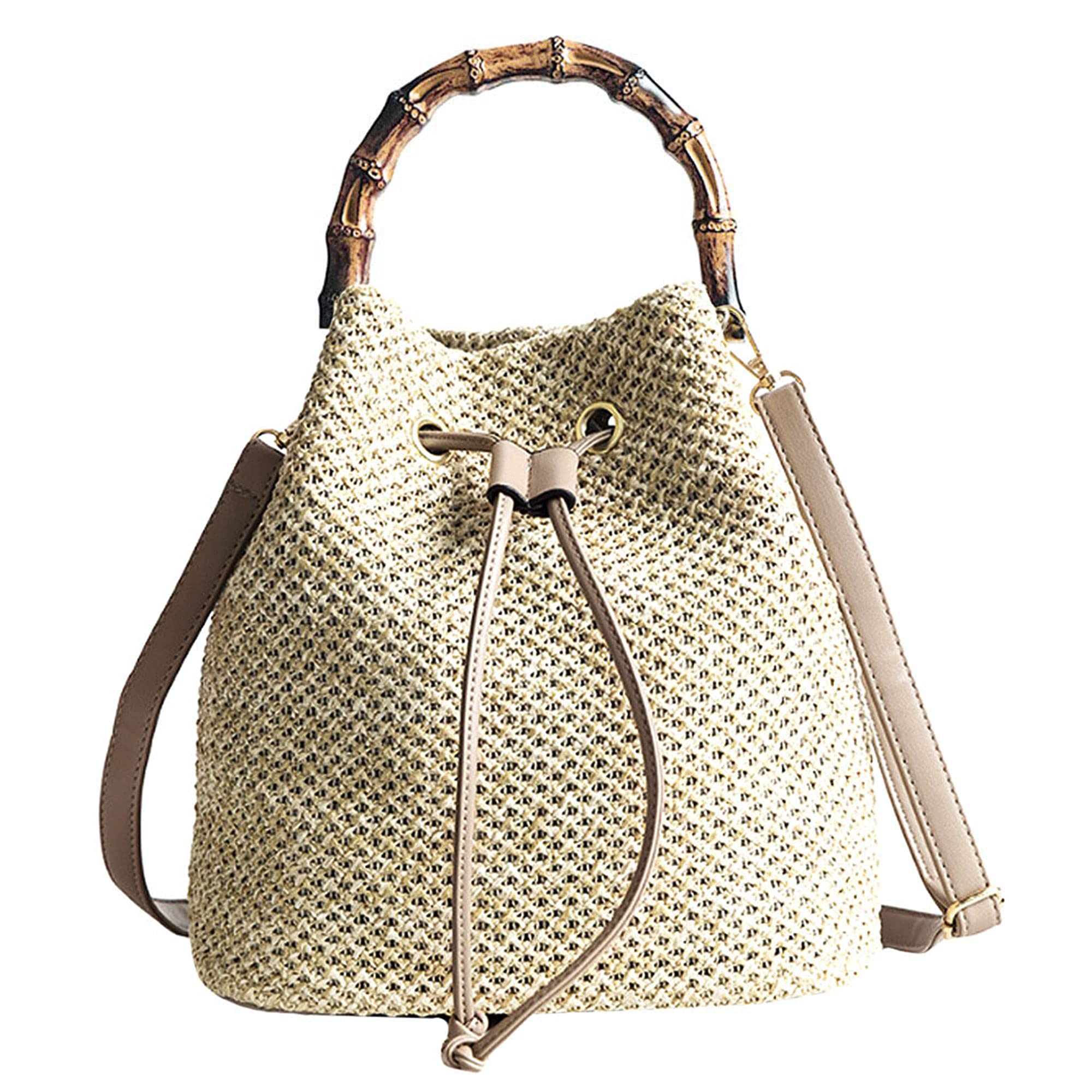 Millya Women's Summer Straw Shoulder Bags Woven Drawstring Beach Top-Handle Bag (03756 Khaki)
