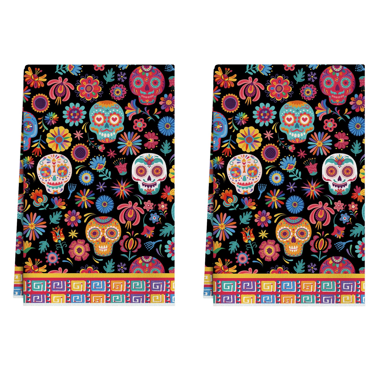 Photo 1 of 2 XCHI Colorful Sugar Skull Marigolds Flowers Dia De Los Muertos Kitchen Towels Day of The Dead Dish Towels 18x26 Inch Home Kitchen Decorations Hand Towels Set of 2 Drying Dishcloth,