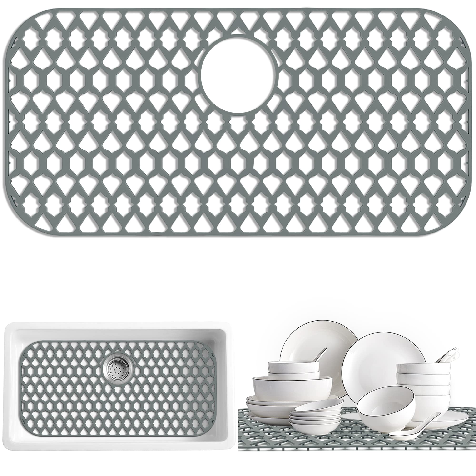 Photo 1 of SAMSIER Sink Protectors for Kitchen Sink 13x11 &16x12 &19x14 &21x16 &22x13 &24x13 &26x14 &28x14 &30x16, Large Silicone Sink Mats Grid for Bottom of Farmhouse Sink (28”x14.4”, Rear Drain)