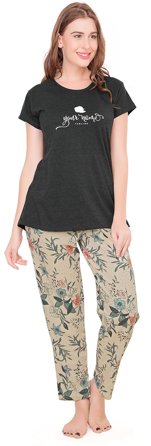 zeyo women&rsquo;s cotton green & antra black night suit | night dress with floral print |half sleeve top and pyjama set