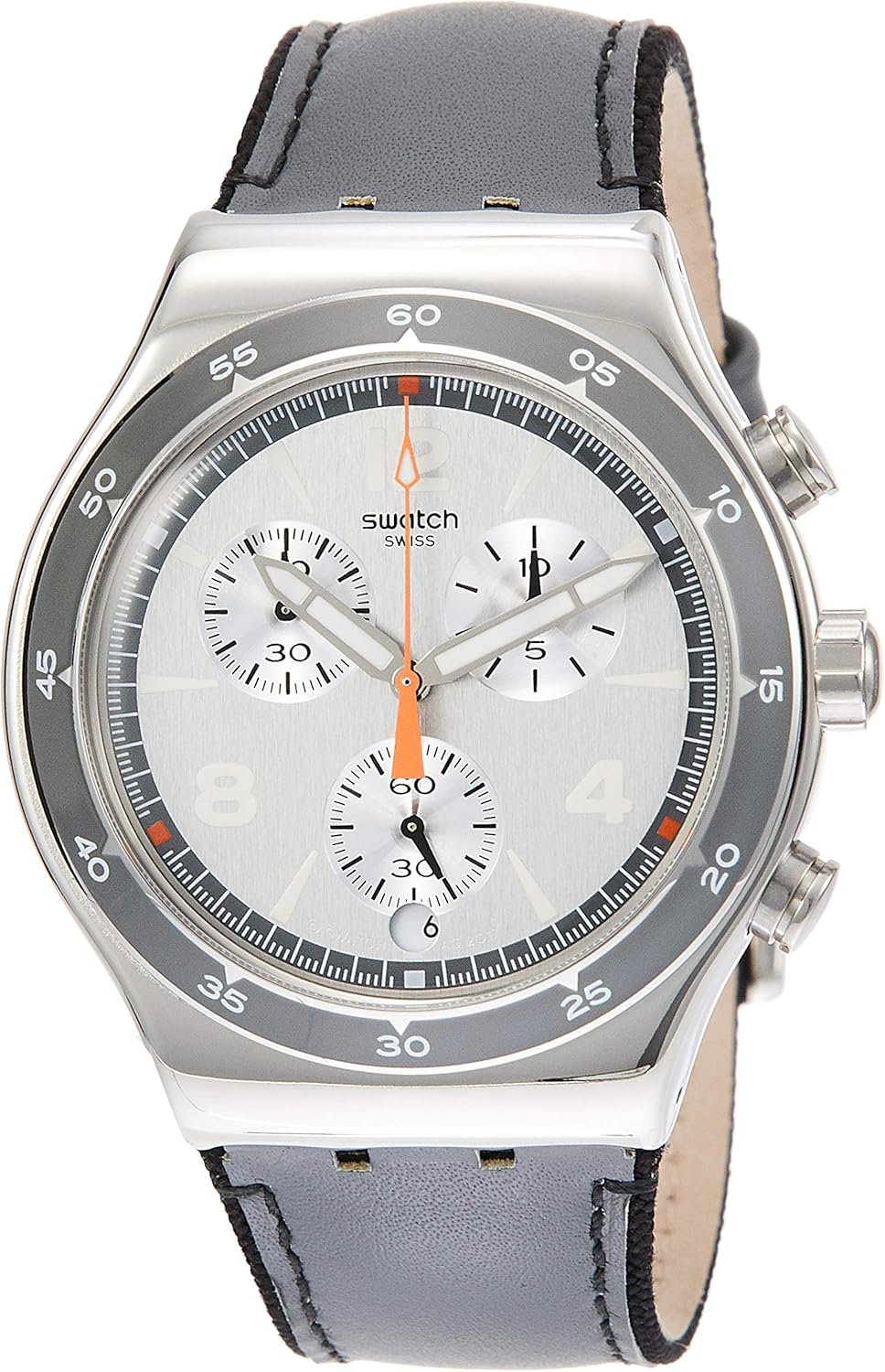 Swatch Irony Last Round Grey Dial Leather Strap Men's Watch