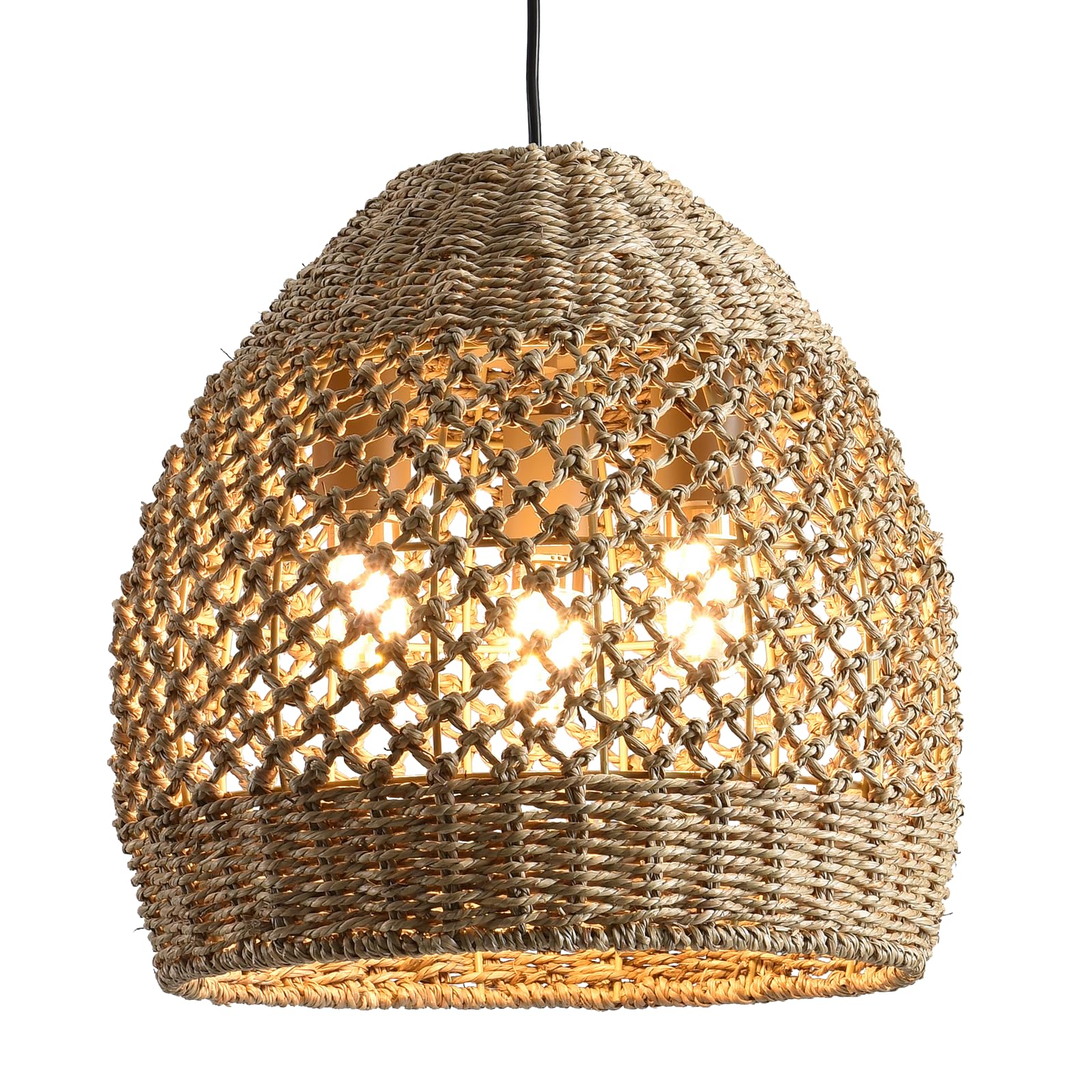 Photo 1 of LHJIHFU Rattan Pendant Light 13.39" Boho Coastal Hanging Wicker Hand-Woven Seagrass Chandelier for Kitchen Islands Farmhouse 3-Light