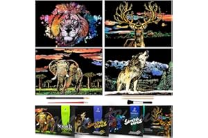 MeowHaus Scratch Art Rainbow Painting Paper Animal, DIY Crafts Womens Hobbies Engraving Art Scratchboard for Adult & Kids, Birthday Gift Set 16 x 11.2 inch 4 Sheets (LionElephantDeerWolf)