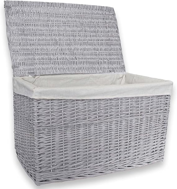 HOMESCAPES Extra Large Rectangular Grey Willow Wicker Laundry Basket
