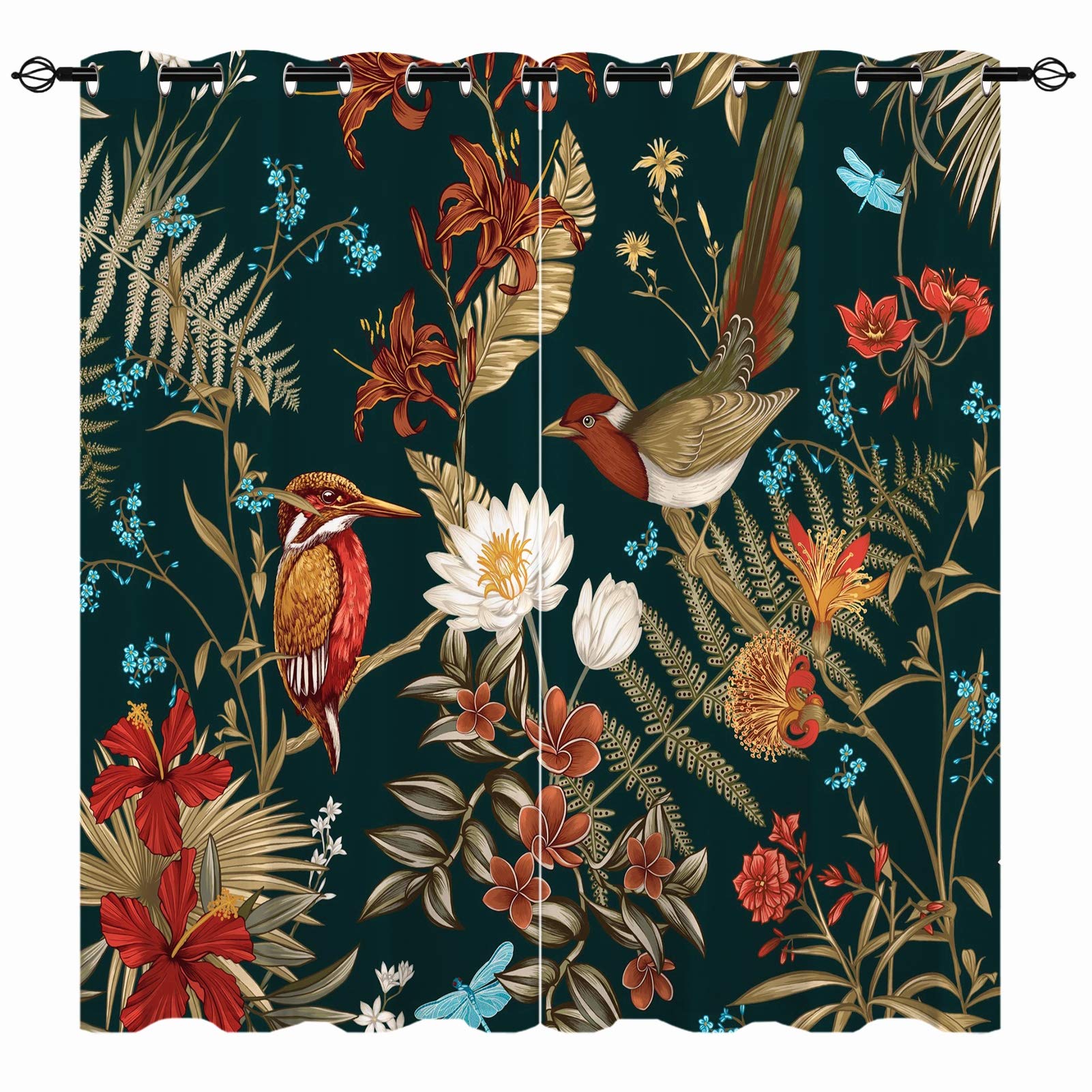 YUANZU Bird Curtains, Tropical Forest Jungle Plant Flower Tree Leaves 3D Print Patterned Eyelet Thermal Insulated Room Darkening Blackout Window Drapes for Bedroom Living Room 2 Panels W117cm x D137cm