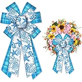 ALIBBON Large Summer Sea Bows for Wreaths, Summer Wreath Bows, Blue Buffalo Plaid Bows for Front Door, Summer Decor, Seaweed Starfish Burlap Bows for Summer Wreath Indoor Outdoor Decoration