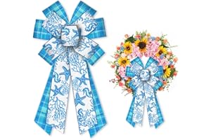 ALIBBON Large Summer Sea Bows for Wreaths, Summer Wreath Bows, Blue Buffalo Plaid Bows for Front Door, Summer Decor, Seaweed Starfish Burlap Bows for Summer Wreath Indoor Outdoor Decoration