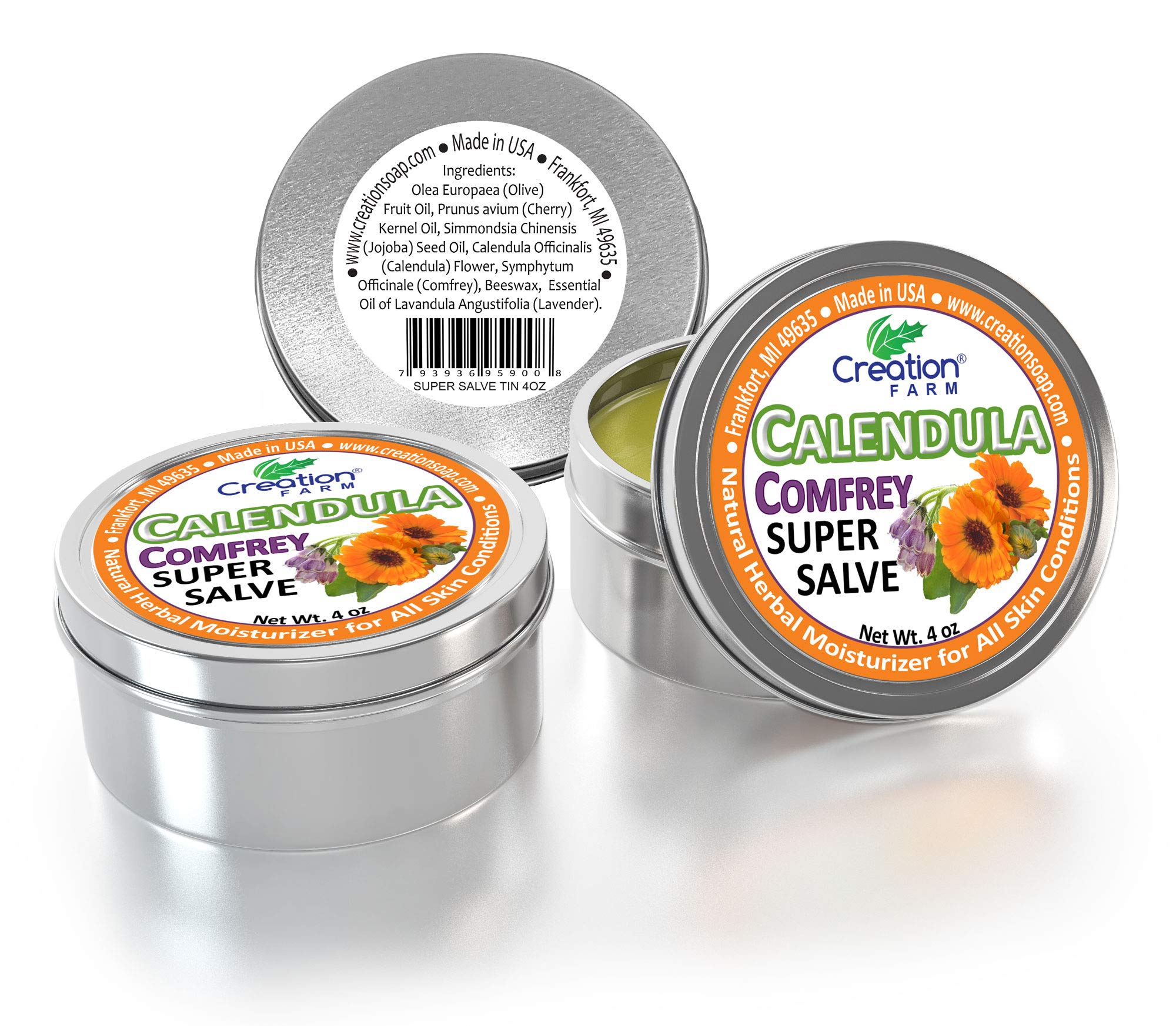 Creation Farm Calendula Comfrey Super Salve 8OZ- (2-4 oz Jars) Balm Soothes Baby Bottoms, Hand Cream for Dry Cracked skin, Tattoos and Beards Grown and Made in USA from Real Herbs