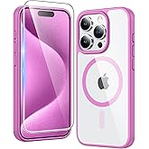 FNTCASE for iPhone 15 Pro-Max Case: Clear Magnetic Phone Cases with Screen Protector Compatible with Magsafe Slim Anti Yellowing Rugged Shockproof Protective Transparent Cell Phone Cover (B-Pink)