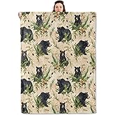qxfqxf Black Bear Blanket Lightweight Blankets Gifts for Adults Flannel Throw with Nature Forest Animal Printed for Sofa, Bed, Travel, Picnic, Camping, Office, Rustic Decor Throws 60x50 Inch