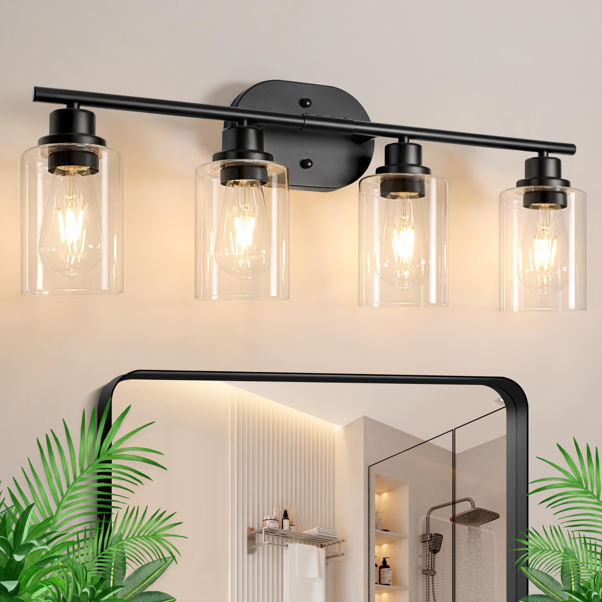 Ascher 4-Light Bathroom Light Fixtures, Modern Vanity Lights with Clear Glass Shade, Matte Black Wall Lamp for Bathroom Mirror Hallway Cabinet Porch Image