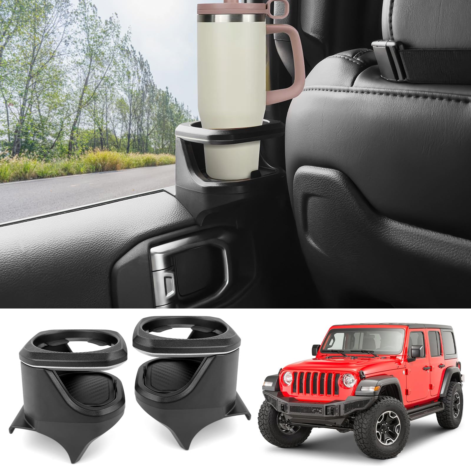 Photo 1 of Utiiy Cup Holder Fit for 2018-2024 Jeep Wrangler JL JLU 4XE/Gladiator JT Accessories, Door Cup Holders for Jeep Gladiator 2020-2024&Jeep Wrangler 2018-2024(Not fit 2 Doors) (Rear Row, Left+Right)