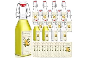 Havawish 12 Sets Limoncello Swing Top Glass Bottles for Homemade 8 oz Flip Clear Top Lemoncello Bottles with Labels Stoppers for Home Brewing Gifts Wedding Christmas Party Favors(Square)