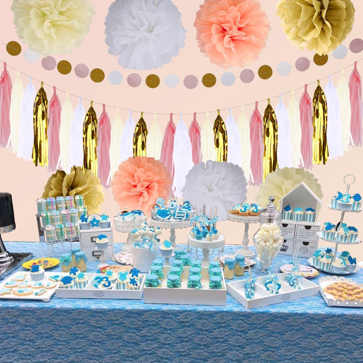 Rubikliss 30 Pcs Tissue Paper Pom Poms Flowers Tissue Tassel Garland Polka Dot Paper Garland Kit for Wedding Party Decorations