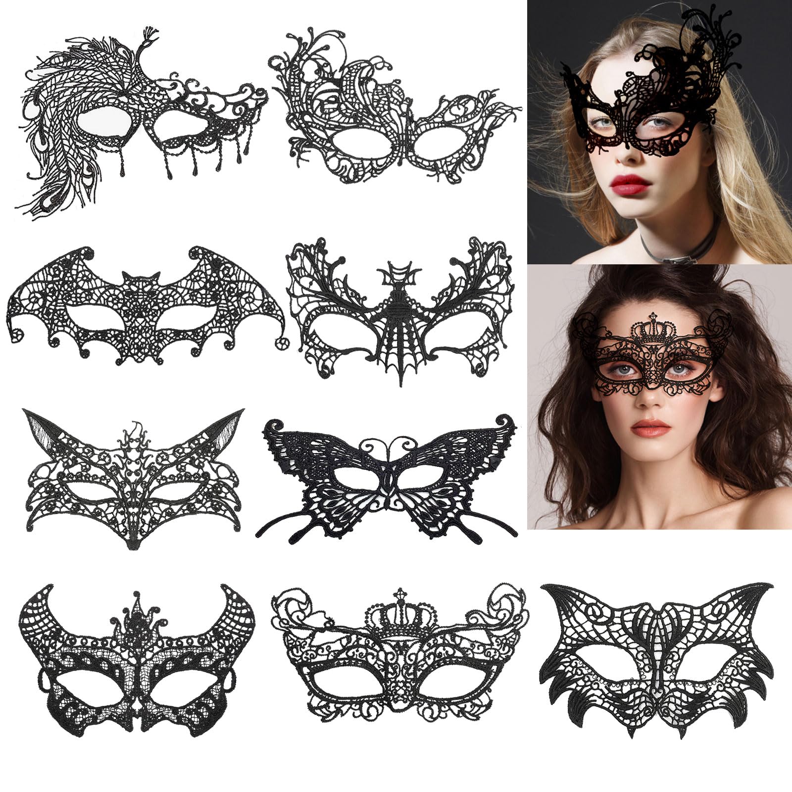HOWAF 9 Halloween Masquerade Mask for Women, Black Lace Mask Masquerade Eye Mask Gothic Vampire Bat Mask Spider Cat Lace Halloween Mask for Masquerade Carnival Party Halloween Fancy Dress Costume