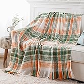 BATTILO Green Plaid Throw Blanket for Couch, Fall Mohair Tartan Plaid Blanket, Farmhouse Style Orange Throw Blankets for Home Decor(50"x60")