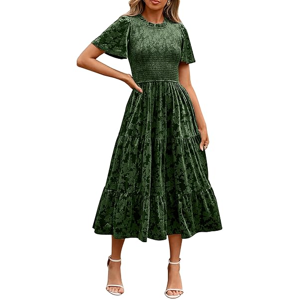 Amazon.com: Olaesa Women's Velvet Maxi Dress Floral Embossed Wedding Guest  Dress Smocked Waist Formal Evening Dresses with Pockets, Dark Red :  Clothing, Shoes & Jewelry