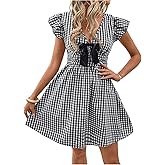 Floerns Women's Going Out Bow V Neck Gingham Dress Ruffle Cap Sleeve A Line Short Dresses