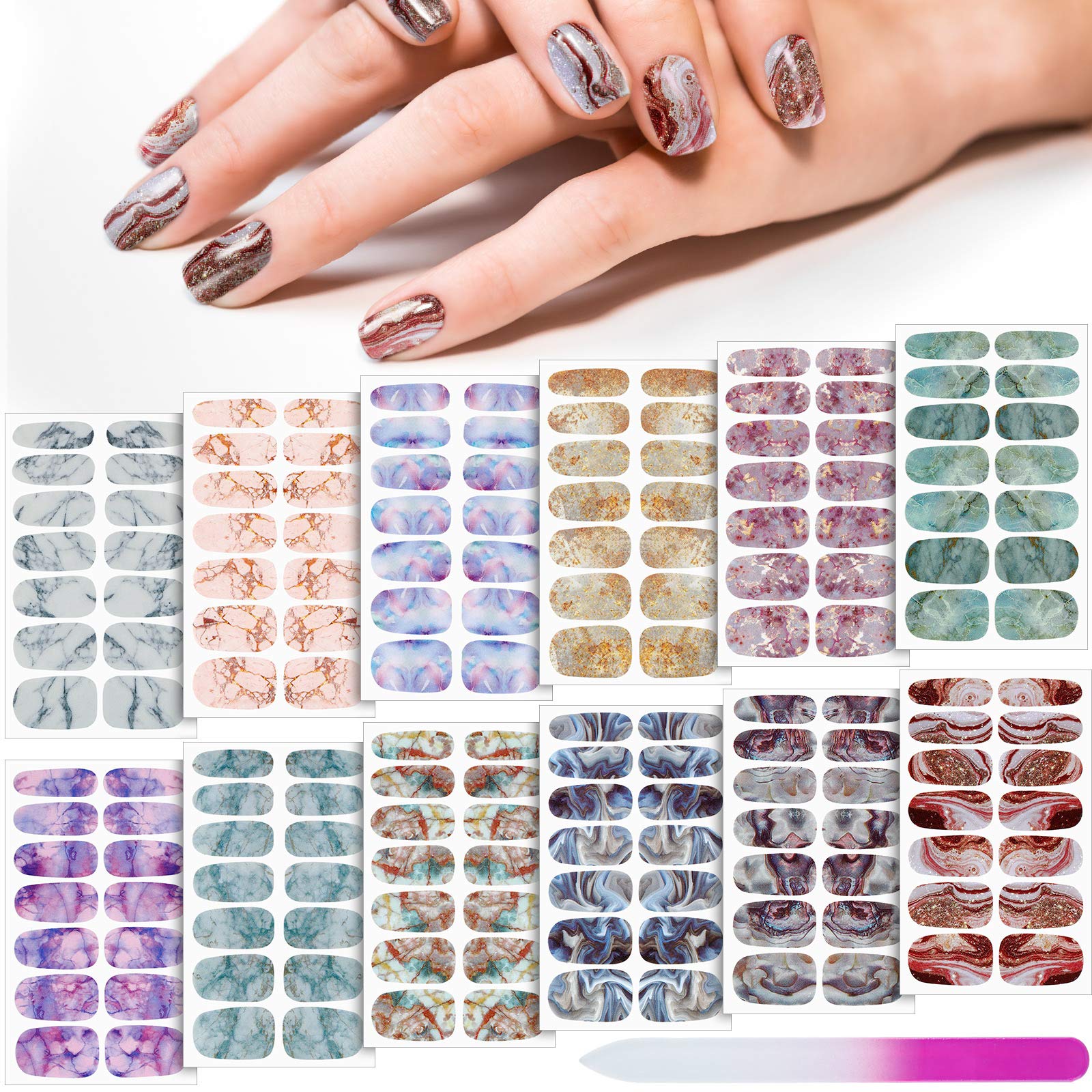 Photo 1 of Maitys 168 Pcs 12 Sheets Full Wrap Nail Stickers Polish Strips Gradient Stickers Glitter Self Adhesive DIY Gel Nail Strips Decals with 1 Pcs Fingernail Files for Holiday Decor(Classic Style)
