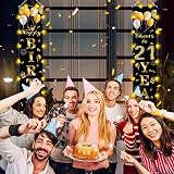 POPOYU Happy 21st Birthday Door Banner Black Gold Fabric 21 Years Old view 3