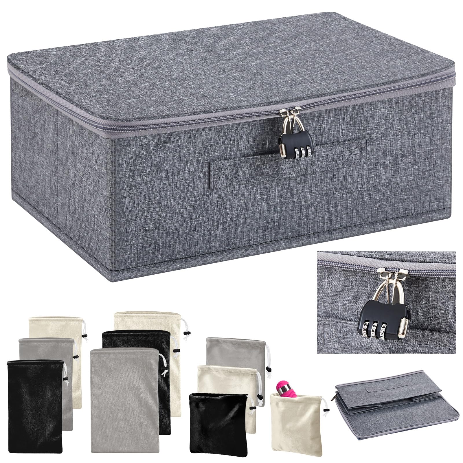 Photo 1 of 1 PC Discreet Lockable Adult Toy Bag Storage Organizer with 9 Pcs Toy Storage Drawstring Bags Organizer for Women and Men 3 Sizes, 15 x 10 x 6.3 Inches Lockable Box Travel Container(Gray)